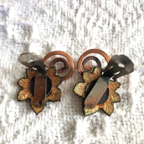 VTG 1950s Matisse Renoir Copper Leaf Enamel Clip On Earrings Signed Fall Maple - Picture 7 of 10